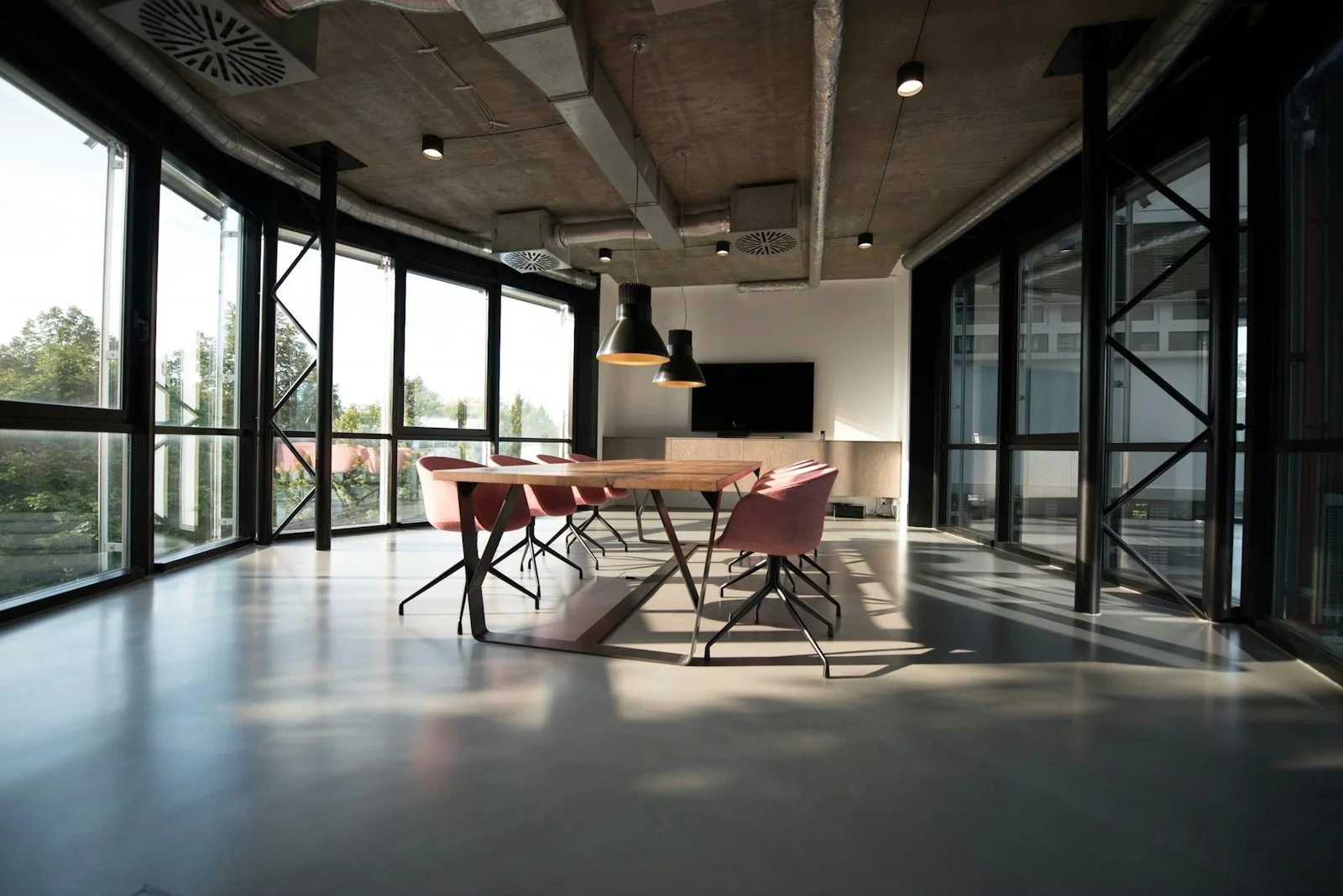Open workplace with a restrained material palette