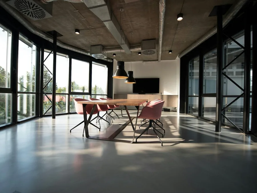 Open workplace with a restrained material palette