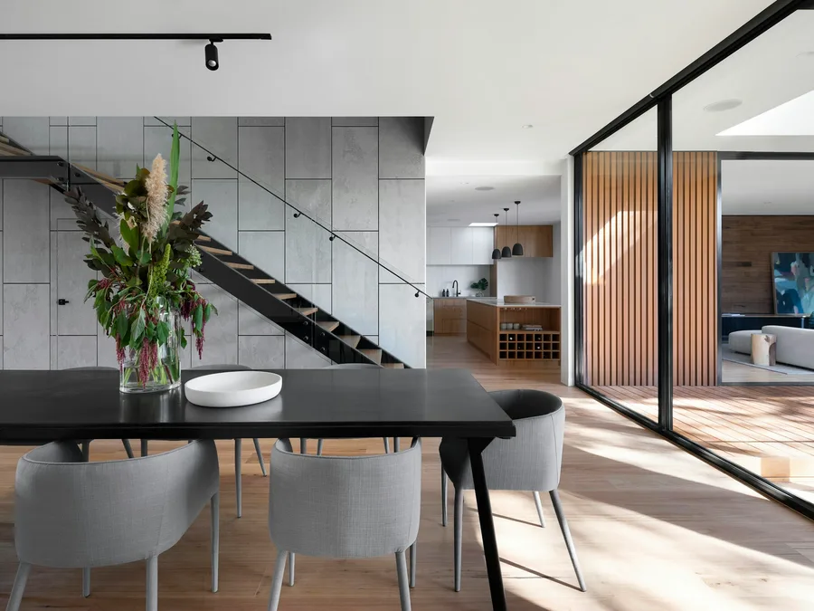 Warm interior detail with natural timber and stone